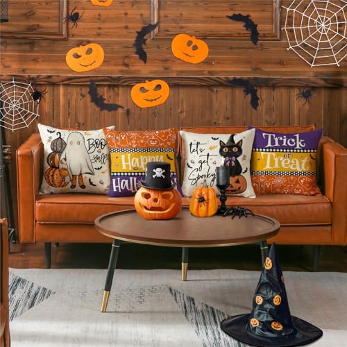 Modovos Halloween Throw Pillow Covers 18x18, Set of 4, Ghost & Pumpkin