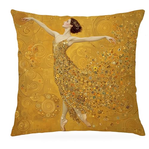 Gustav Klimt Style Ballerina Throw Pillow Cover - 18x18 Whimsical Abstract B