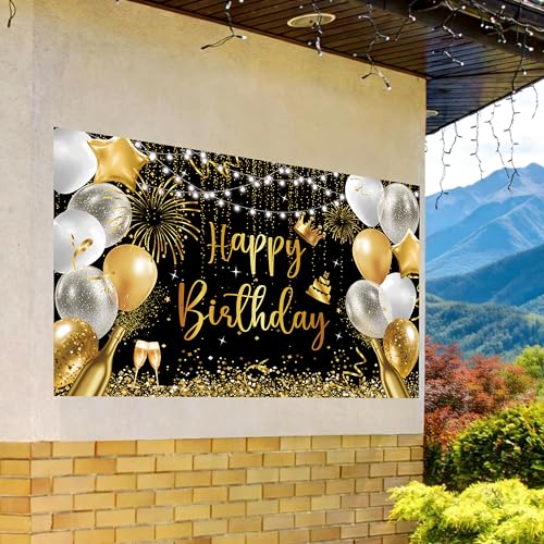 Large Black and Gold Happy Birthday Banner - 71x43 Inch Party Backdrop