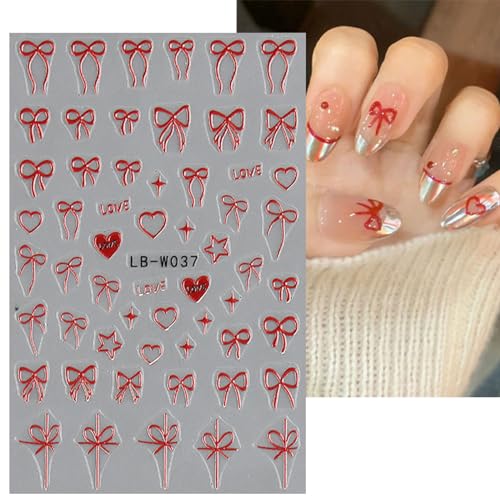 JMEOWIO 8 Sheets Heart Bow Tie Nail Art Stickers Decals Pink