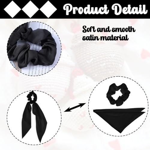 Mabor Satin Hair Scarf Scrunchies with Bow Tail - 2 Pcs Black Ribbon Ponytail Holder