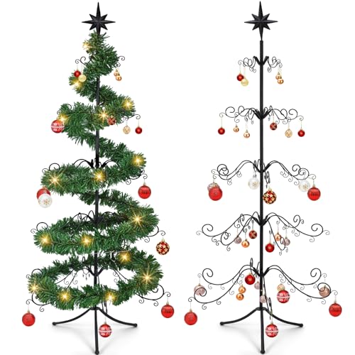 6ft Wrought Iron Christmas Tree Ornament Stand Black Scroll Green - Space Saving Holiday Decor