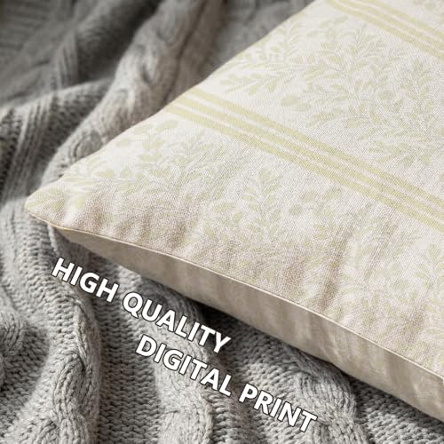 Vintage Floral Throw Pillow Covers - Yellow Striped Linen, 18x18 Inch, Set of 2