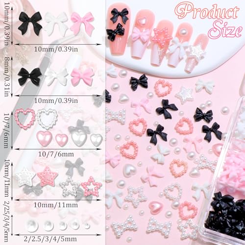 RODAKY Bow Nail Charms with Flatback Pearls and Resin Bowknot Set