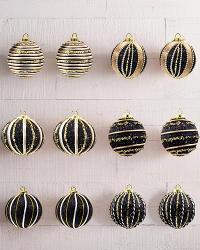 Black and Gold Christmas Ornament Set - 12 Shatterproof Holiday Decorations