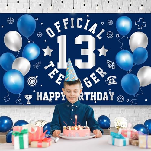 Happy 13th Birthday Banner - Navy Blue & Silver Teen Decor