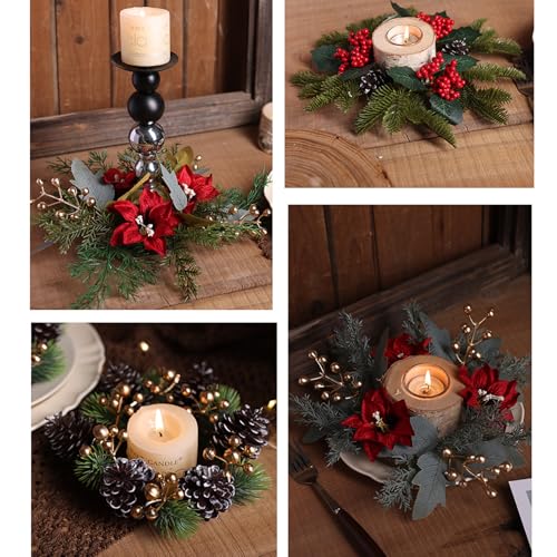 Christmas Candle Rings Xmas Wreaths Pine Needles Berry Red Flower Centerpiece - Winter Decor