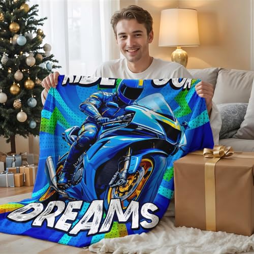 Motorcycle Flannel Throw Blanket for Boys, Soft 40x50 Inch Blue Bedding