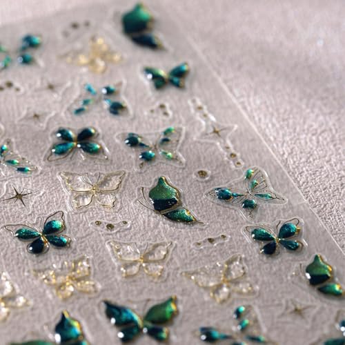5D Embossed Green Gold Butterfly Nail Stickers Self-Adhesive Nail Decals