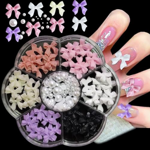 Qdsuh 3D Acrylic Bow Nail Charms with Pearls in 6 Colors for DIY Manicure