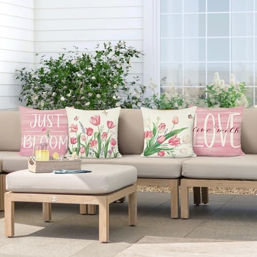 Bonhause Pink Tulip Throw Pillow Covers, 18x18 Inch Floral Cushion Cases (Set of 4)