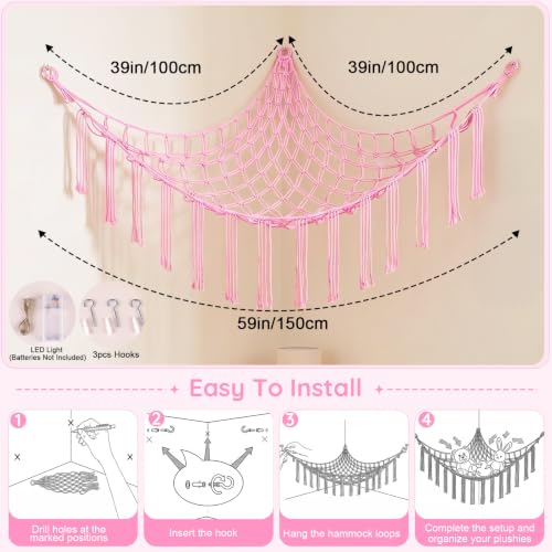 Basumee Pink Stuffed Animals Hammock with LED Light - Large (39" x 39" x 59")
