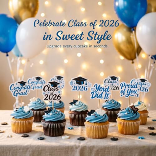 ALISSAR Blue Graduation Cupcake Toppers 36-Pack Class of 2026 Decorations