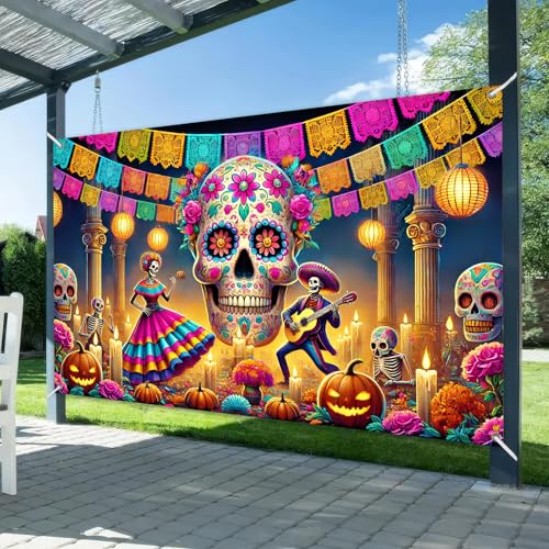 BlissYard Day of the Dead Banner 71x43 Inch Sugar Skull Backdrop