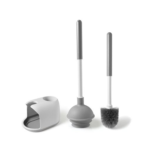 Eyliden Toilet Plunger & Brush Set, Upgrade 3-Step Suction Cup - Ultra-Tight Seal, Durable, Space-Saving Toilet Deep Cleaning Combo with Holder, Bathroom Essentials, White & Grey, Nylon Bristles