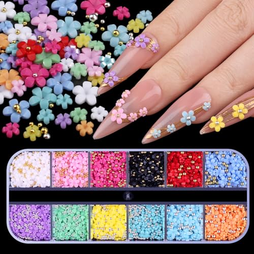3D Acrylic Flower Nail Art Charms with Rhinestones Pearls and Caviar Beads