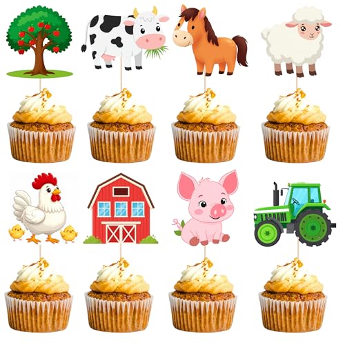 Farm Animal Cupcake Toppers 24 pcs - Farm Theme Party Decorations with Cow, Sheep, Chicken, Horse, Pig, Tractor, Tree & House Design