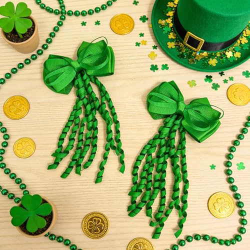 Leyhooney Green Hair Bows with Long Spiral Tassels 2PCS St Patrick's Day Clips