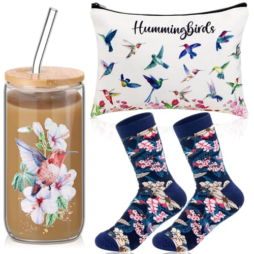 Hummingbird Gift Set with 16 oz Glass Tumbler Cosmetic Bag and Socks - Variation of Hummingbird