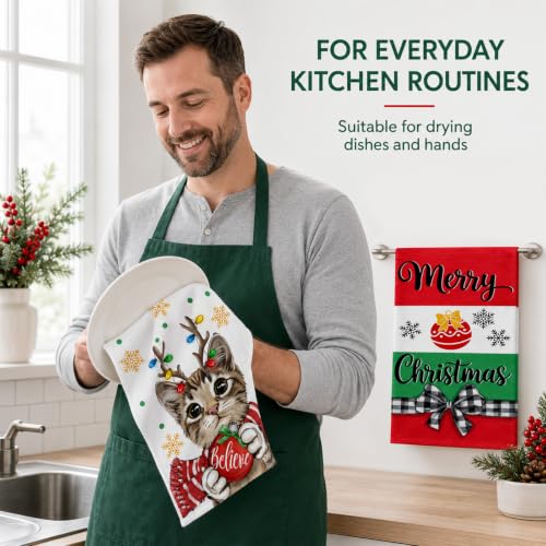 Christmas Cat Kitchen Towels - Festive Holiday Dish Towels for Decor