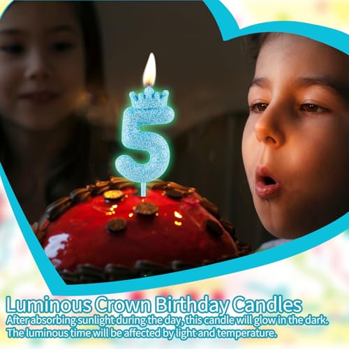 Glow in the Dark Number 12 Blue Glitter Crown Birthday Cake Candle