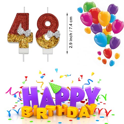 VSHILI Number 48 and 84 Birthday Cake Candles Red Gold Glitter Bow