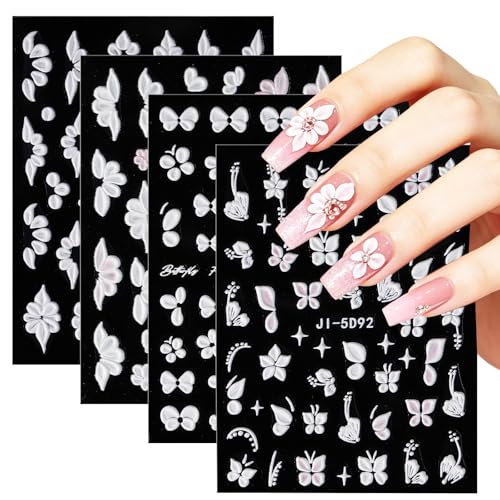 5D Embossed Flower Nail Art Stickers - White Floral Butterfly Decals