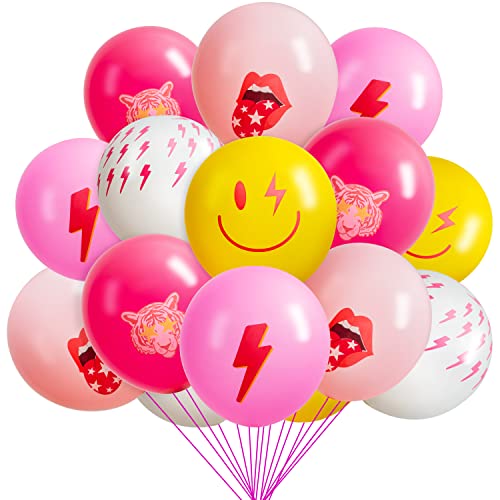 50Pcs Hot Pink Y2K Party Balloons with Smile Faces & Lightning