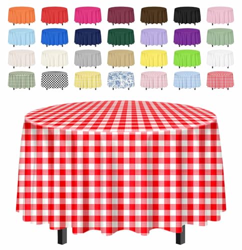 SietDESEO 84-Inch Round Red Gingham Tablecloth - 2 Pack Disposable Plaid Cover