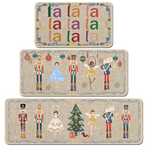 Watercolor Nutcrackers Christmas Kitchen Rugs Set - Non Slip Holiday Mats - 3 Sizes