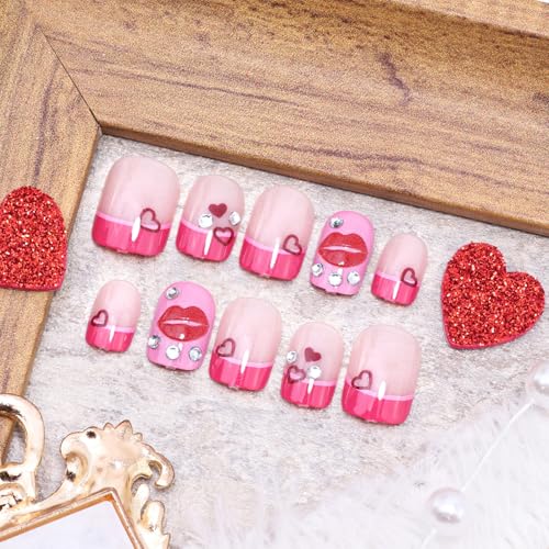 Valentine Press on Nails Short Square Pink Fake Nails with Heart and Lips