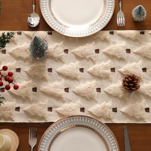 Beige Christmas Tree Table Runner 13x72 Inch Faux Fur Jacquard Seasonal Decor