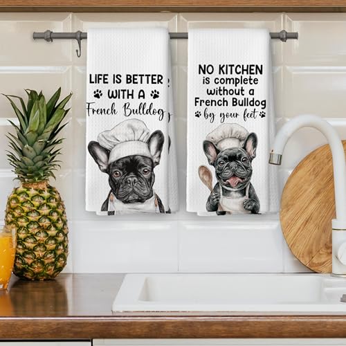 Funny French Bulldog Kitchen Dish Towels Set of 2 Chef Frenchie Gifts