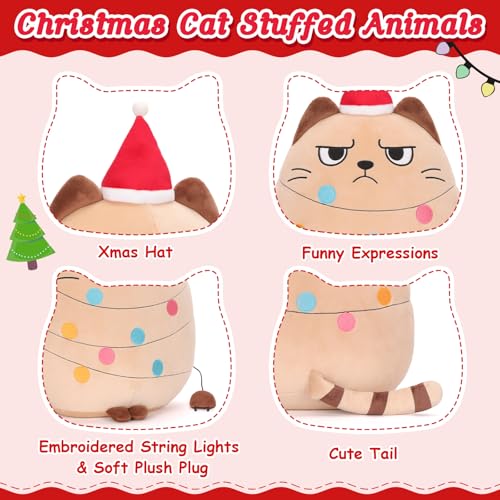 AGIFTMIND 12 Inch Beige Christmas Cat Plush Pillow - Holiday Decor & Gift