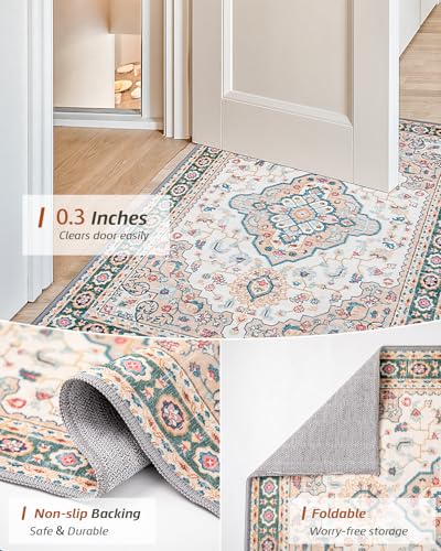 MINIDEAR 2' x 3' Washable Vintage Floral Rug for Entryway & Kitchen, Non-Slip Khaki Small Rug