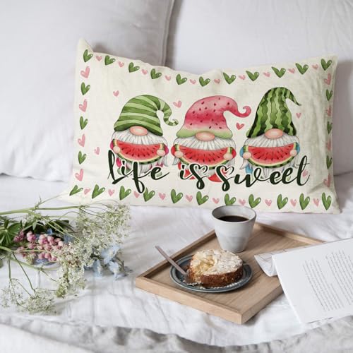 Life is Sweet Gnomes Throw Pillow Cover 12x20 Farmhouse Summer Decor