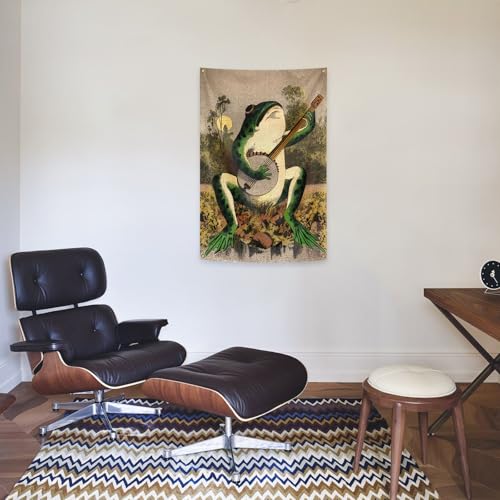 Banjo Playing Frog Wall Tapestry 24x36 Inch Vintage Boho Vertical Flag