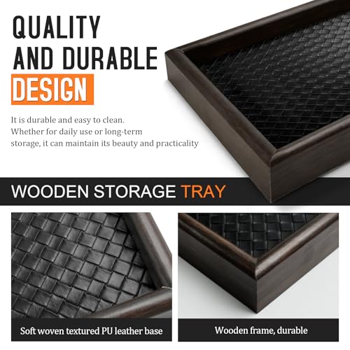 Wooden Valet Tray Desk Organizer with Leather Base - Multi-Purpose Storage for Jewelry, Wallets, Keys & More