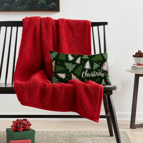 RABUSOFA Green Christmas Tree Lumbar Pillow Cover, 12x20 Inch Holiday Decor