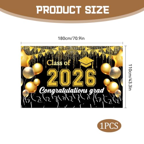 Black and Gold Graduation Banner 2026 - Durable Congrats Grad Backdrop