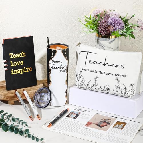 Black Teacher Appreciation Gift Set with Tumbler Notepad & Makeup Bag - 6 Pieces