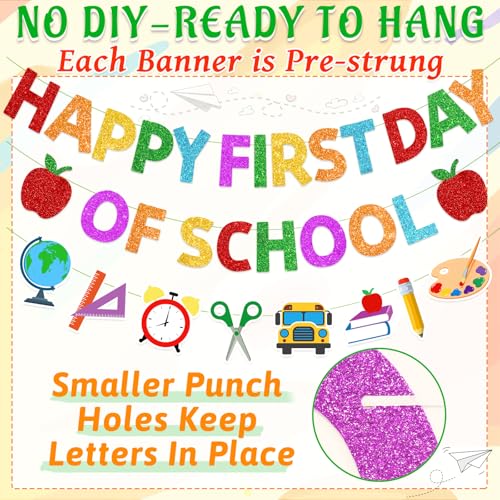FINDRICH 4PCS Pre-Strung Happy First Day of School Banner Red Classroom Decorations