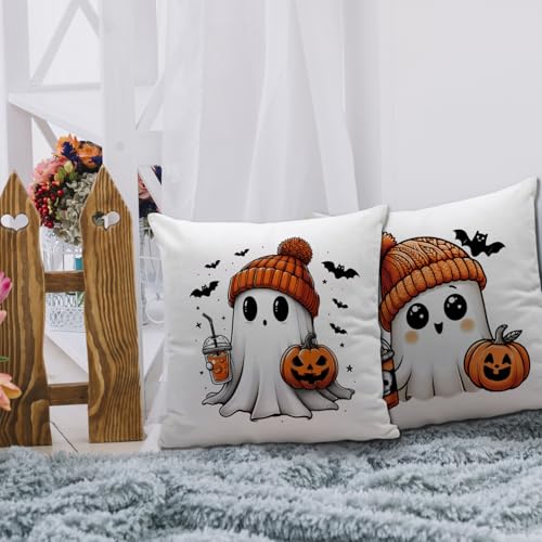 Fall Ghost Pillow Covers 18x18, Soft Flannel Halloween Decor (Set of 2)