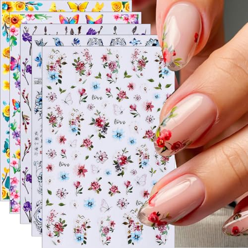 Spring Floral Nail Stickers 5-Sheet Butterfly Daisy Art Decals DIY