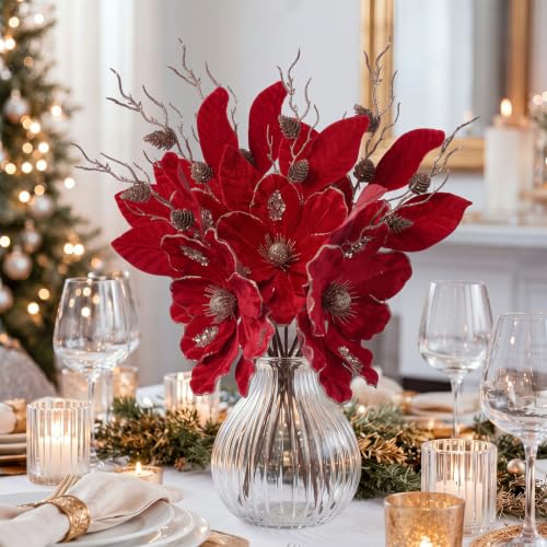 Christmas Magnolia Flower Picks Burgundy 6 Pcs 19-Inch Holiday Decor