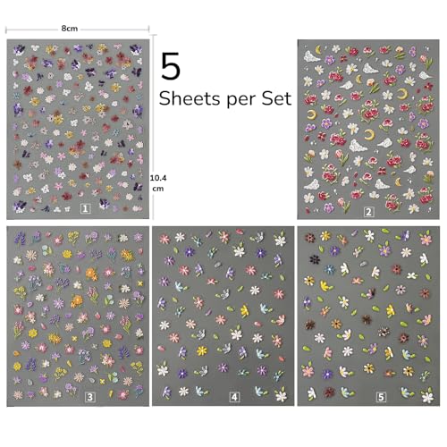Bratrico 5D Embossed Flower Nail Stickers - Colorful Floral Petal DIY Set