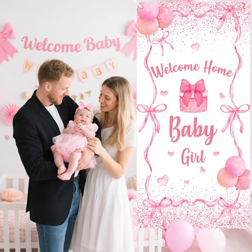 Welcome Baby Girl Door Cover Banner - Pink Bow Coquette Theme Decoration