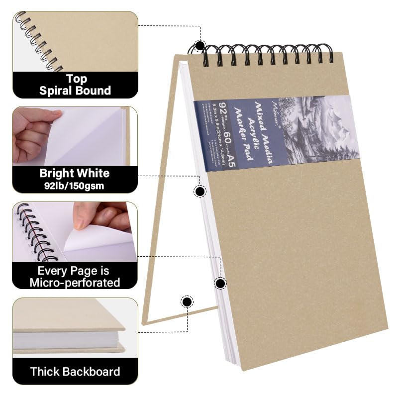 Hardcover Mixed Media Sketchbook 5.8" x 8.3" Top Spiral Bound Art Journal