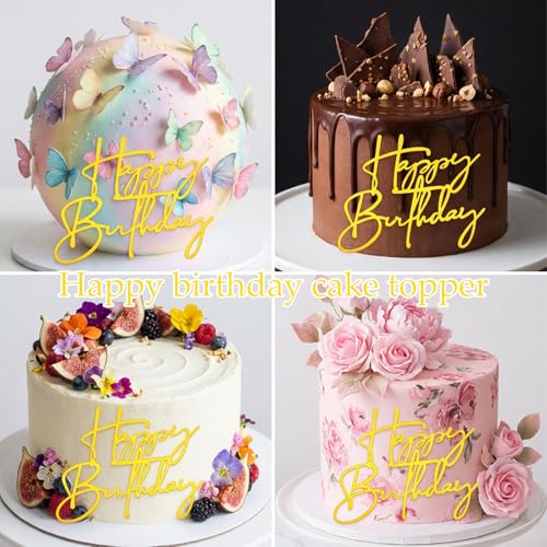 Gold Happy Birthday Cupcake Toppers - 12 Pcs Acrylic Decor