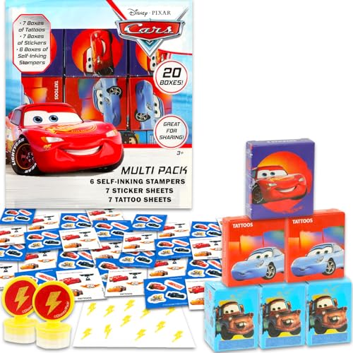 Disney Cars Party Favors Bundle - 20 Lightning McQueen Boxes with Stickers, Tattoos & Stampers
